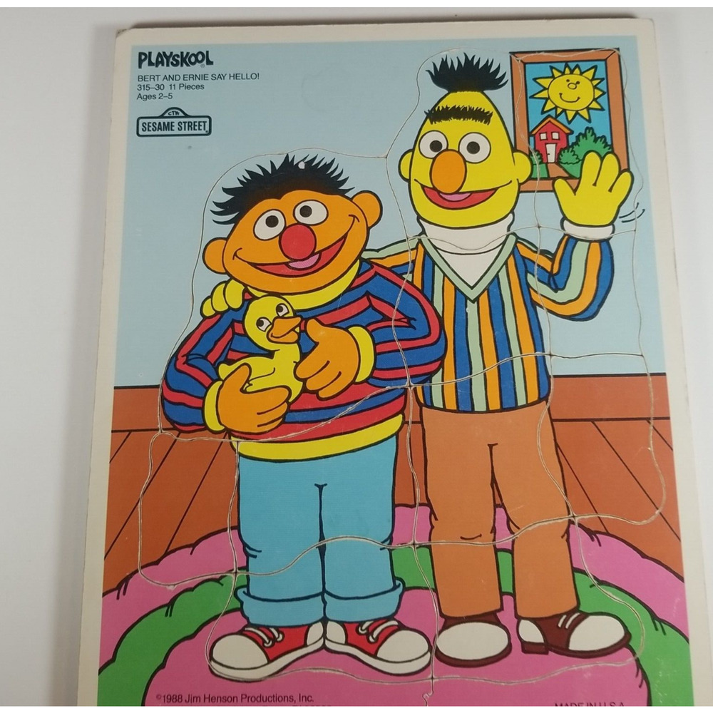 Vintage Wooden Board Puzzle Playskool Bert and Ernie Say Hello! 11 Piece 1988